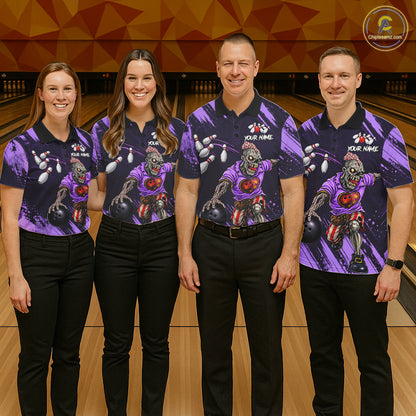 Custom Purple Funny Zombie Bowling Shirt For Women, Bowling Team League Jersey Polo & Quarter Zip TDM6499