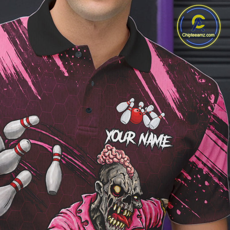 Custom Pink Funny Zombie Bowling Shirt For Men, Bowling Team League Jersey Polo & Quarter Zip TDM6500