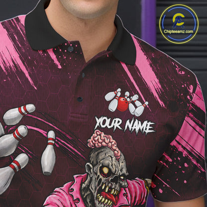 Custom Pink Funny Zombie Bowling Shirt For Men, Bowling Team League Jersey Polo & Quarter Zip TDM6500