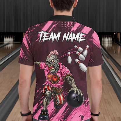 Custom Pink Funny Zombie Bowling Shirt For Men, Bowling Team League Jersey Polo & Quarter Zip TDM6500