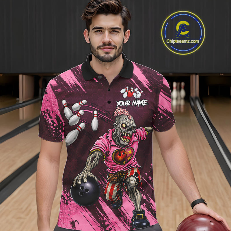 Custom Pink Funny Zombie Bowling Shirt For Men, Bowling Team League Jersey Polo & Quarter Zip TDM6500