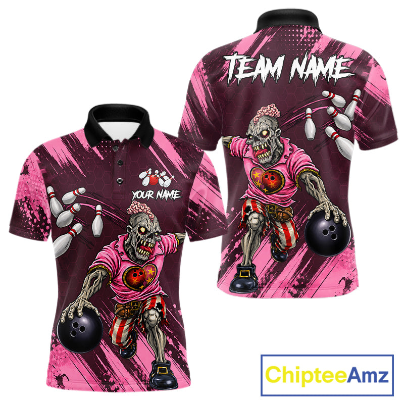 Custom Pink Funny Zombie Bowling Shirt For Men, Bowling Team League Jersey Polo & Quarter Zip TDM6500