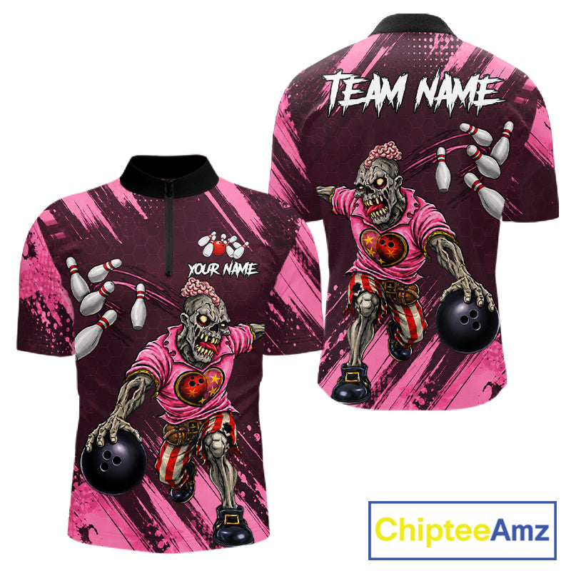 Custom Pink Funny Zombie Bowling Shirt For Men, Bowling Team League Jersey Polo & Quarter Zip TDM6500