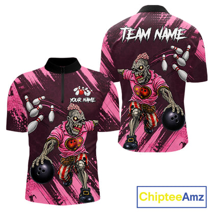 Custom Pink Funny Zombie Bowling Shirt For Men, Bowling Team League Jersey Polo & Quarter Zip TDM6500