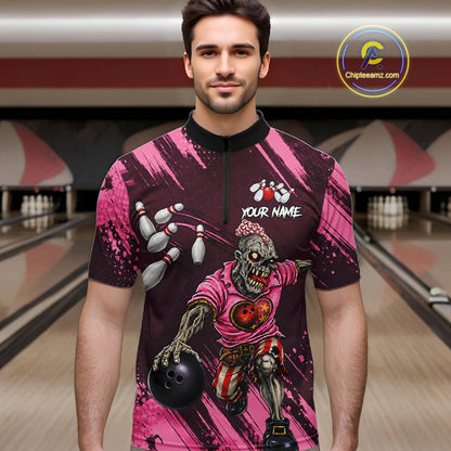 Custom Pink Funny Zombie Bowling Shirt For Men, Bowling Team League Jersey Polo & Quarter Zip TDM6500