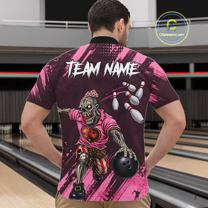 Custom Pink Funny Zombie Bowling Shirt For Men, Bowling Team League Jersey Polo & Quarter Zip TDM6500