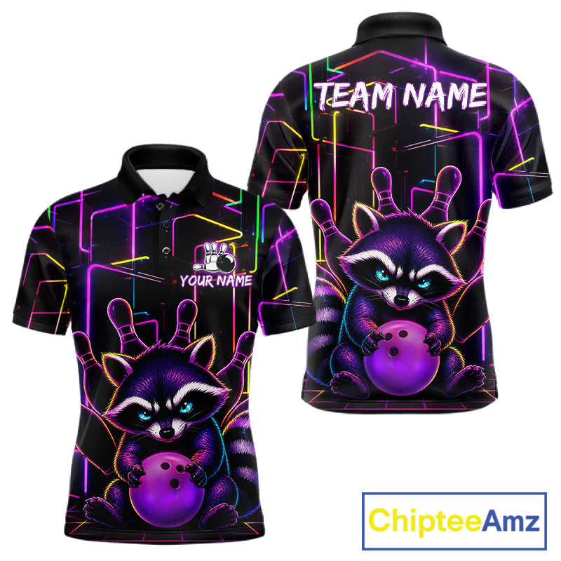 Funny purple neon raccoon bowling polo shirt for men with custom bowling team graphics.