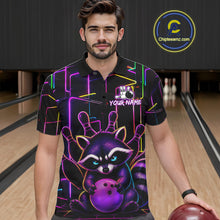 Load image into Gallery viewer, Man wearing a funny purple neon raccoon bowling polo shirt at a bowling alley front view.