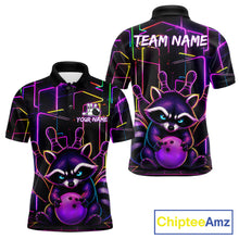 Load image into Gallery viewer, Funny purple neon raccoon bowling polo shirt for men with custom bowling team graphics.