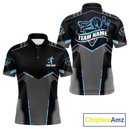 Holographic bowling polo shirt for men with custom bowling team graphics.