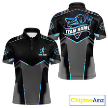 Load image into Gallery viewer, Holographic bowling polo shirt for men with custom bowling team graphics.