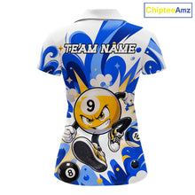 Load image into Gallery viewer, Blue funny graffiti 8 ball and 9 ball pool billiard team jersey polo shirt for women featuring colorful street art graphics, premium custom pool league apparel for tournaments and competitive billiard teams.