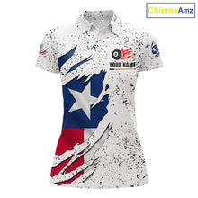 Load image into Gallery viewer, Black grunge Texas flag 8 ball pool billiard team jersey polo shirt for women featuring distressed Texas flag artwork with bold patriotic styling, premium custom pool league apparel for tournaments, league play and competitive billiard teams.