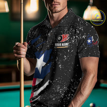 Load image into Gallery viewer, Man wearing white grunge Texas flag 8 ball pool billiard team jersey polo shirt featuring distressed patriotic Texas flag artwork, front view.