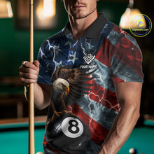 Load image into Gallery viewer, Man wearing American flag eagle lightning 8 ball billiard pool team jersey polo shirt featuring patriotic eagle artwork, front view.