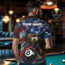 Load image into Gallery viewer, Man wearing American flag eagle lightning 8 ball billiard pool team jersey polo shirt featuring patriotic eagle artwork, back view.