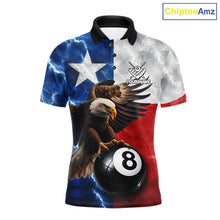 Load image into Gallery viewer, Texas flag eagle lightning 8 ball billiard pool team jersey polo shirt for men featuring patriotic Texas flag artwork with a soaring eagle and lightning effects, premium custom pool league apparel.