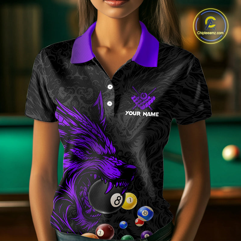 Personalized Wolf Billiard Balls Pool Shirt For Women, Black And Purple Billiard League Team Jersey TDM5203