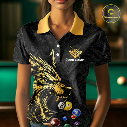Personalized Wolf Billiard Balls Pool Shirts For Women, Black And Gold Billiard League Team Jerseys TDM5204