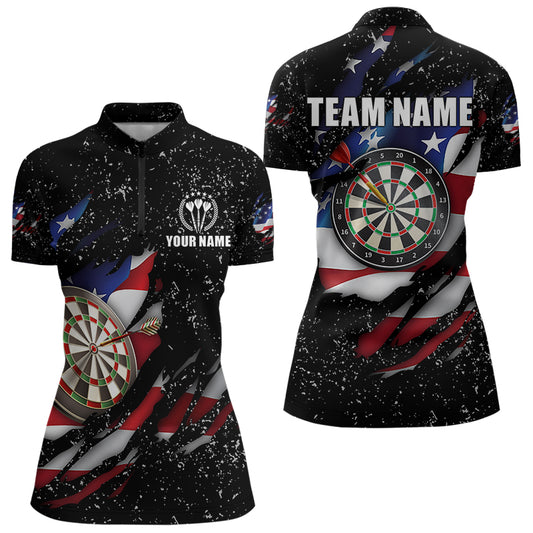 American Flag Black Grunge Dart Polo & Quarter Zip Shirts Custom Patriotic Dart Shirts For Women TDM3211