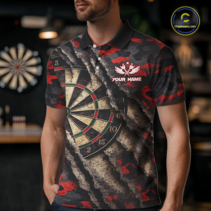 Red Retro Grunge Camo Darts Shirt For Men Custom Darts Jersey Team Polo & Quarter Zip Uniform TDM5448
