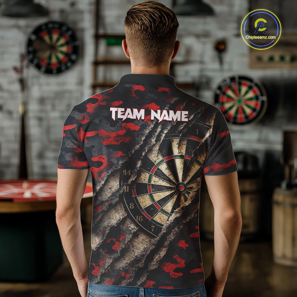 Red Retro Grunge Camo Darts Shirt For Men Custom Darts Jersey Team Polo & Quarter Zip Uniform TDM5448