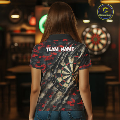 Red Retro Grunge Camo Darts Shirt For Women Custom Darts Jersey Team Polo & Quarter Zip Uniform TDM5448