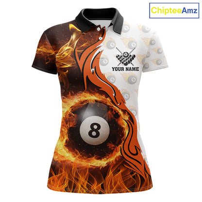 Orange Flaming 8 Ball Pool Billiard Shirt For Women Custom Billiard Team Jersey Polo & 1/4 Zip TDM5925