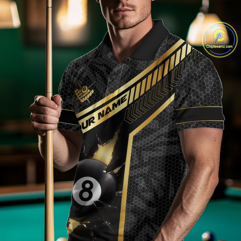 Black And Gold 8 Ball Break Glass Billiard Shirt For Men Custom Pool Team Jersey Polo & 1/4 Zip TDM6069