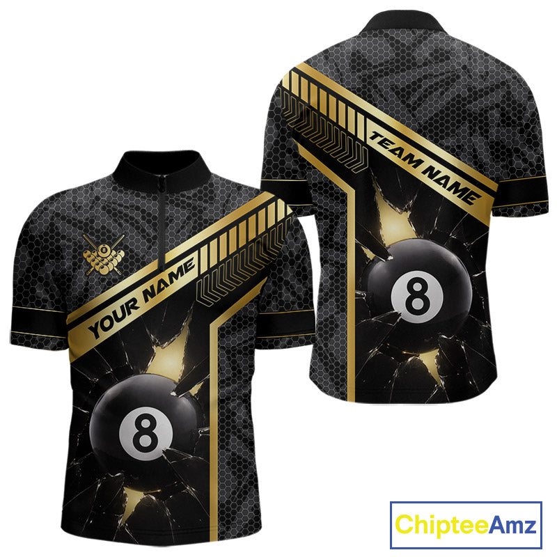 Black And Gold 8 Ball Break Glass Billiard Shirt For Men Custom Pool Team Jersey Polo & 1/4 Zip TDM6069
