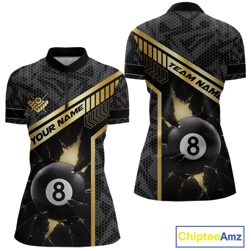 Black And Gold 8 Ball Break Glass Billiard Shirt For Women Custom Pool Team Jersey Polo & 1/4 Zip TDM6069