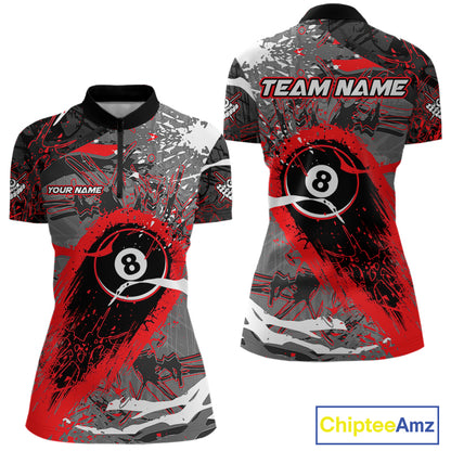 Red Grunge 8 Ball Pool Custom Billiard Shirts For Women, Billiard Team Jerseys Polo 1/4 Zip TDM6073