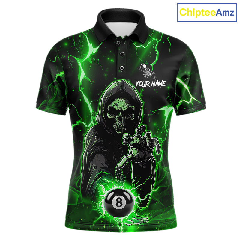 Green Grim Reaper 8 Ball Billiard Shirt For Men Custom Lightning Billiard Team Jersey Polo, 1/4 Zip TDM6326