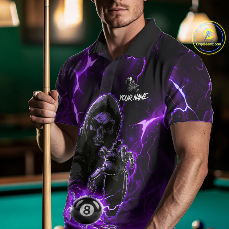 Purple Grim Reaper 8 Ball Billiard Shirt For Men Custom Lightning Pool Team Jersey Polo, 1/4 Zip TDM6328