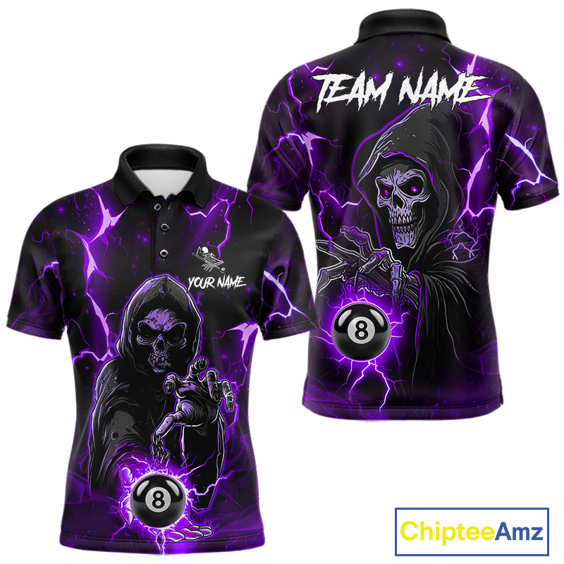 Purple Grim Reaper 8 Ball Billiard Shirt For Men Custom Lightning Pool Team Jersey Polo, 1/4 Zip TDM6328