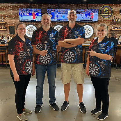Blue And Red Flaming Grim Reaper Darts Shirts For Women Custom Darts Team Jersey Polo & 1/4 Zip TDM6503
