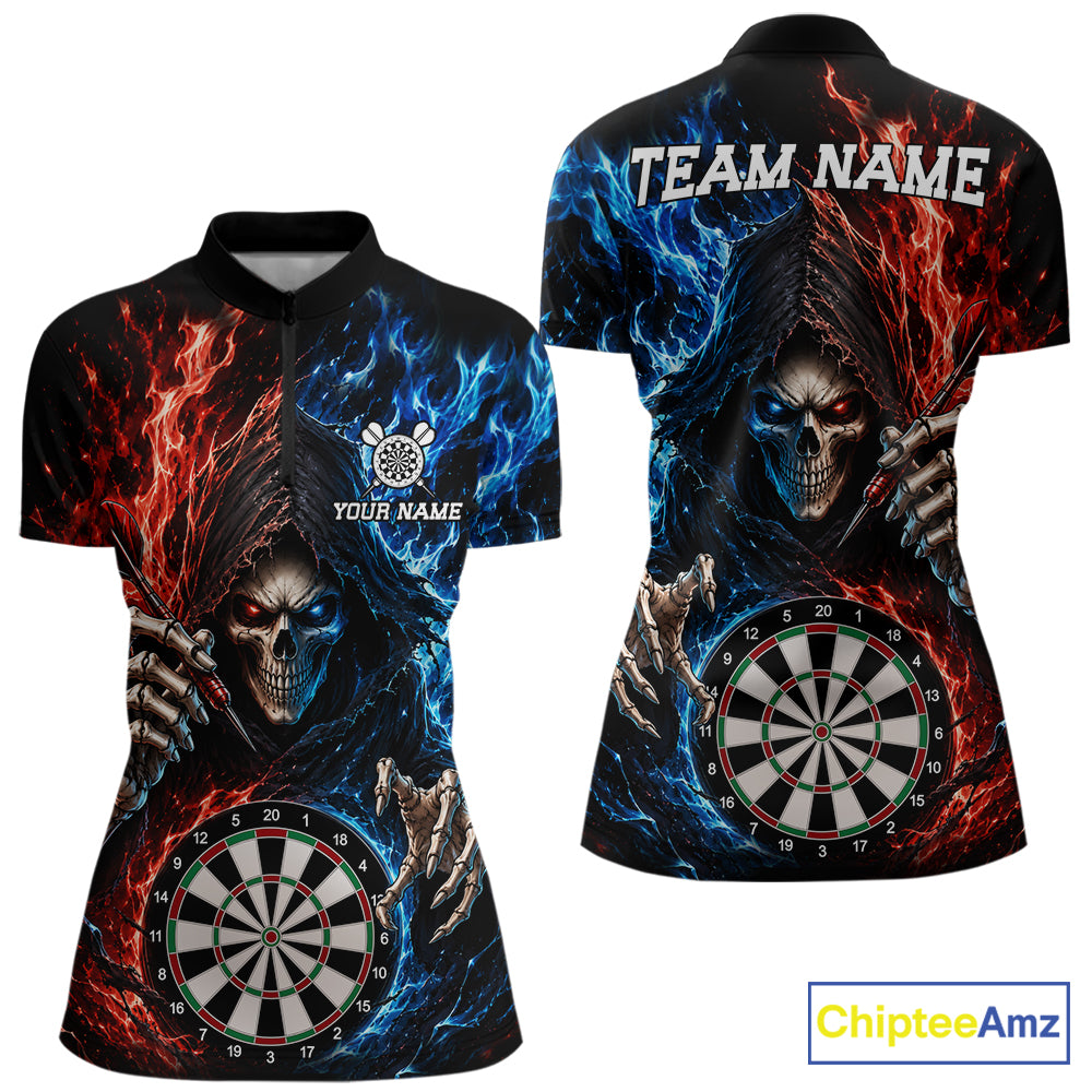 Blue And Red Flaming Grim Reaper Darts Shirts For Women Custom Darts Team Jersey Polo & 1/4 Zip TDM6503