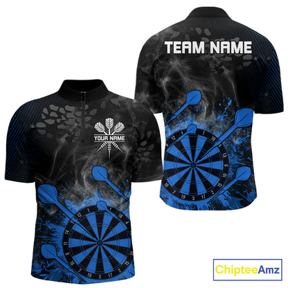 Blue Dartboard Splatter Smoke Darts Shirt For Men Custom Grunge Darts Team Jersey Polo & 1/4 Zip TDM6506