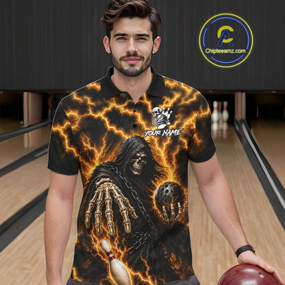 Man wearing custom yellow lightning Grim Reaper bowling team jersey polo shirt featuring yellow lightning Grim Reaper artwork, front view.