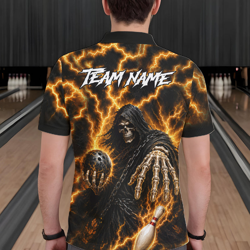 Man wearing custom yellow lightning Grim Reaper bowling team jersey polo shirt featuring yellow lightning Grim Reaper artwork, back view.