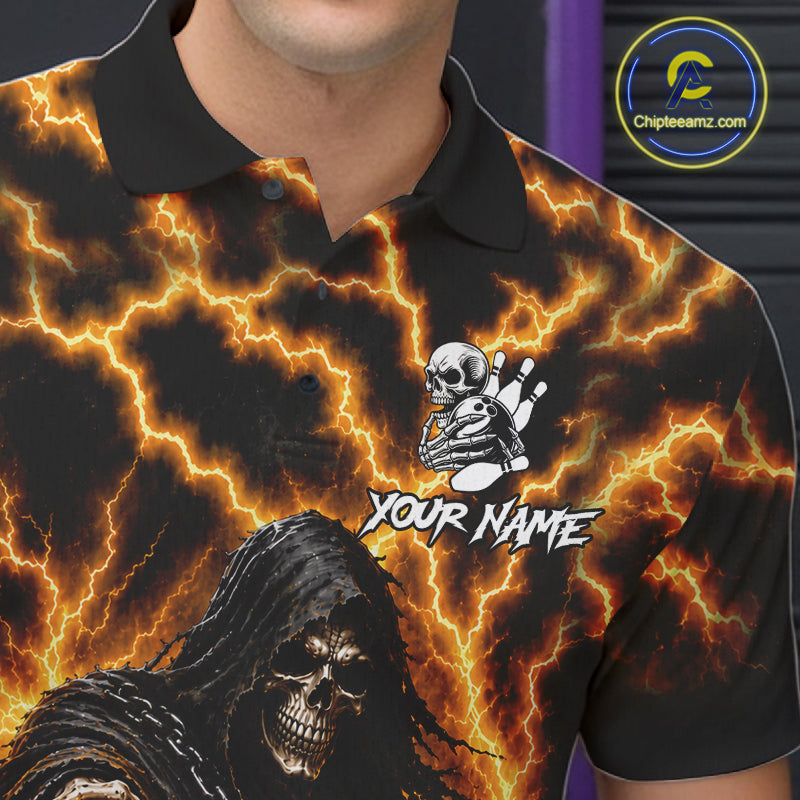 Close-up of the custom yellow lightning Grim Reaper bowling team jersey polo shirt showing the collar, buttons, premium performance fabric and detailed Grim Reaper graphics.