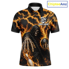 Load image into Gallery viewer, Custom yellow lightning Grim Reaper bowling team jersey polo shirt for men featuring a fierce Grim Reaper with yellow lightning artwork, premium custom bowling league apparel for tournaments, league competition and bowling teams.