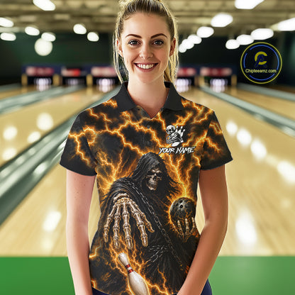 Woman wearing custom yellow lightning Grim Reaper bowling team jersey polo shirt featuring yellow lightning Grim Reaper artwork, front view.
