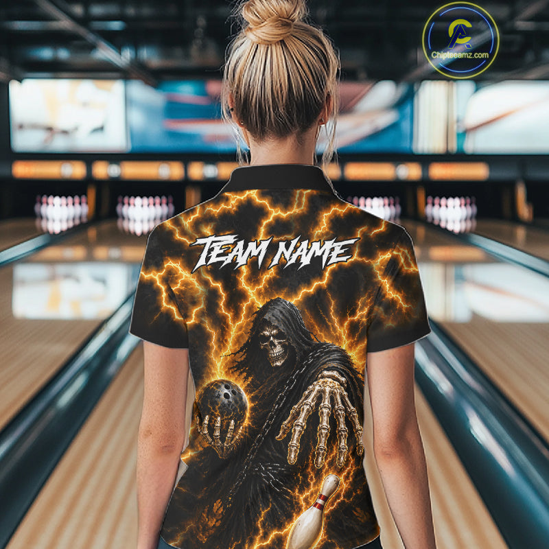 Woman wearing custom yellow lightning Grim Reaper bowling team jersey quarter zip shirt featuring yellow lightning Grim Reaper artwork, front view.