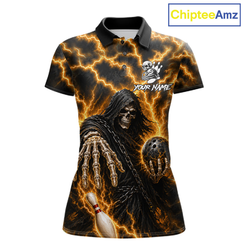 Custom yellow lightning Grim Reaper bowling team jersey polo shirt for women featuring a fierce Grim Reaper with yellow lightning artwork, premium custom bowling league apparel for tournaments, league competition and competitive bowling teams.