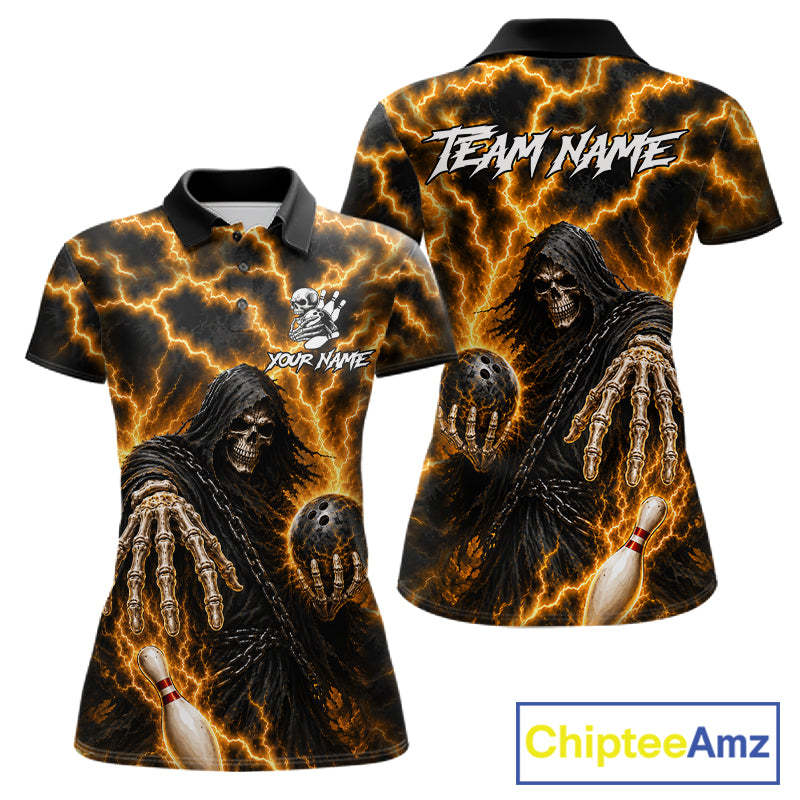Custom yellow lightning Grim Reaper bowling team jersey polo shirt for women featuring a fierce Grim Reaper with yellow lightning artwork, premium custom bowling league apparel for tournaments, league competition and competitive bowling teams.
