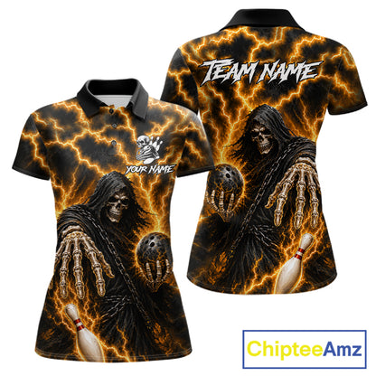 Custom yellow lightning Grim Reaper bowling team jersey polo shirt for women featuring a fierce Grim Reaper with yellow lightning artwork, premium custom bowling league apparel for tournaments, league competition and competitive bowling teams.
