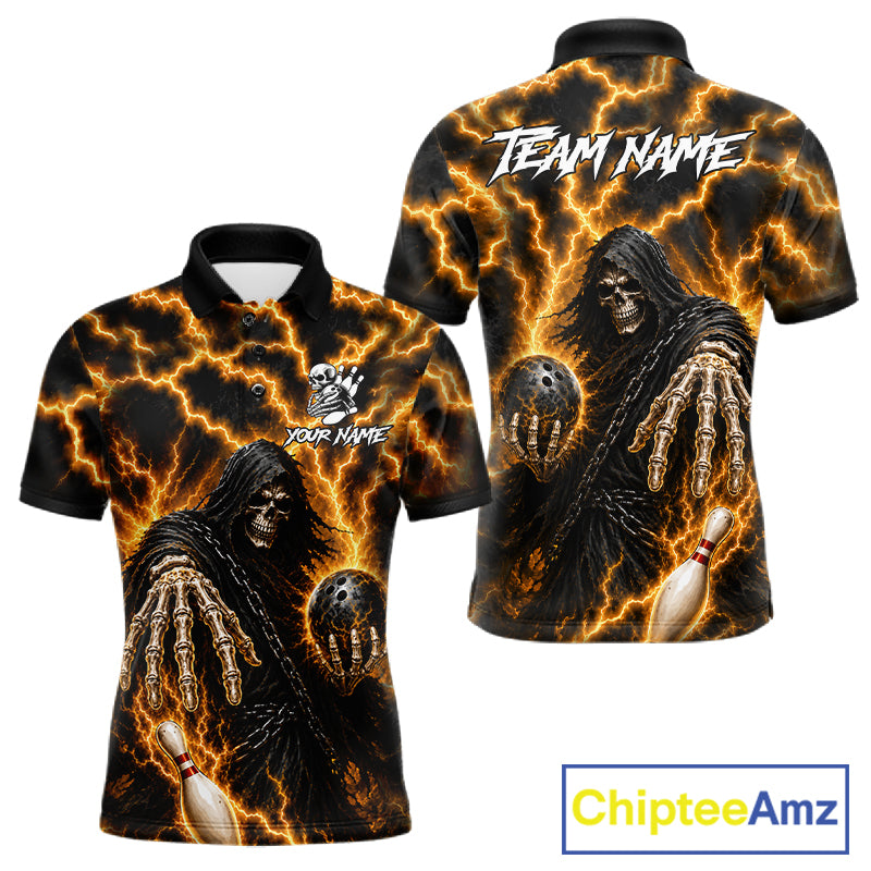 Custom yellow lightning Grim Reaper bowling team jersey polo shirt for men featuring a fierce Grim Reaper with yellow lightning artwork, premium custom bowling league apparel for tournaments, league competition and bowling teams.