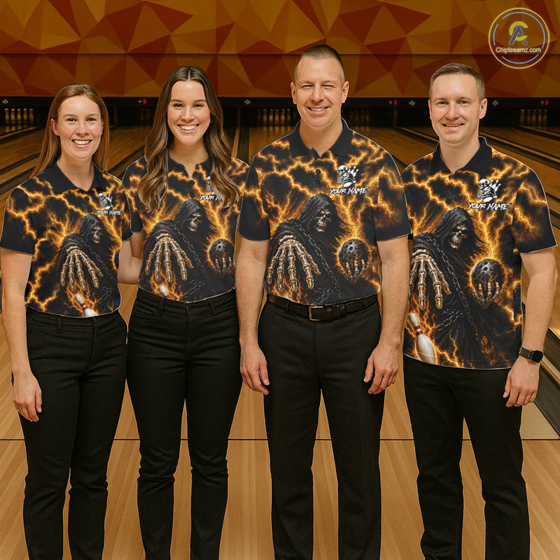 Bowling team wearing matching custom yellow lightning Grim Reaper bowling team jerseys featuring premium Grim Reaper and lightning artwork, front view.
