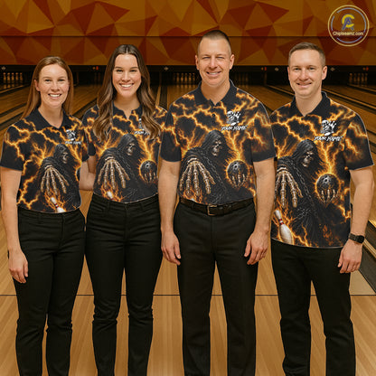 Bowling team wearing matching custom yellow lightning Grim Reaper bowling team jerseys featuring premium Grim Reaper and lightning artwork, front view.